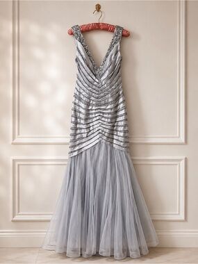 May Queen VINTAGE Silver Beaded V-Neck Prom Gown